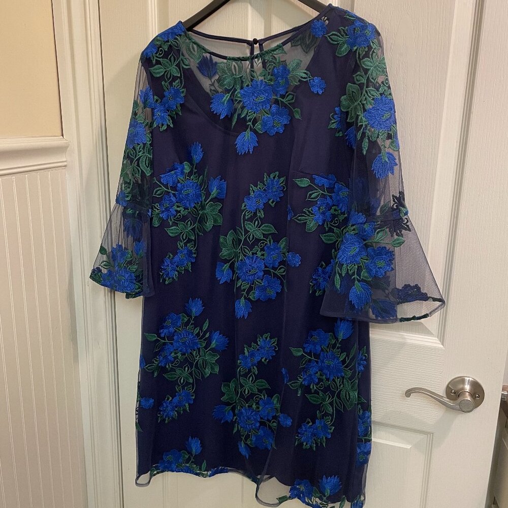 Leslie Fay navy dress with underdress and sheer embroidered overdress Size 16